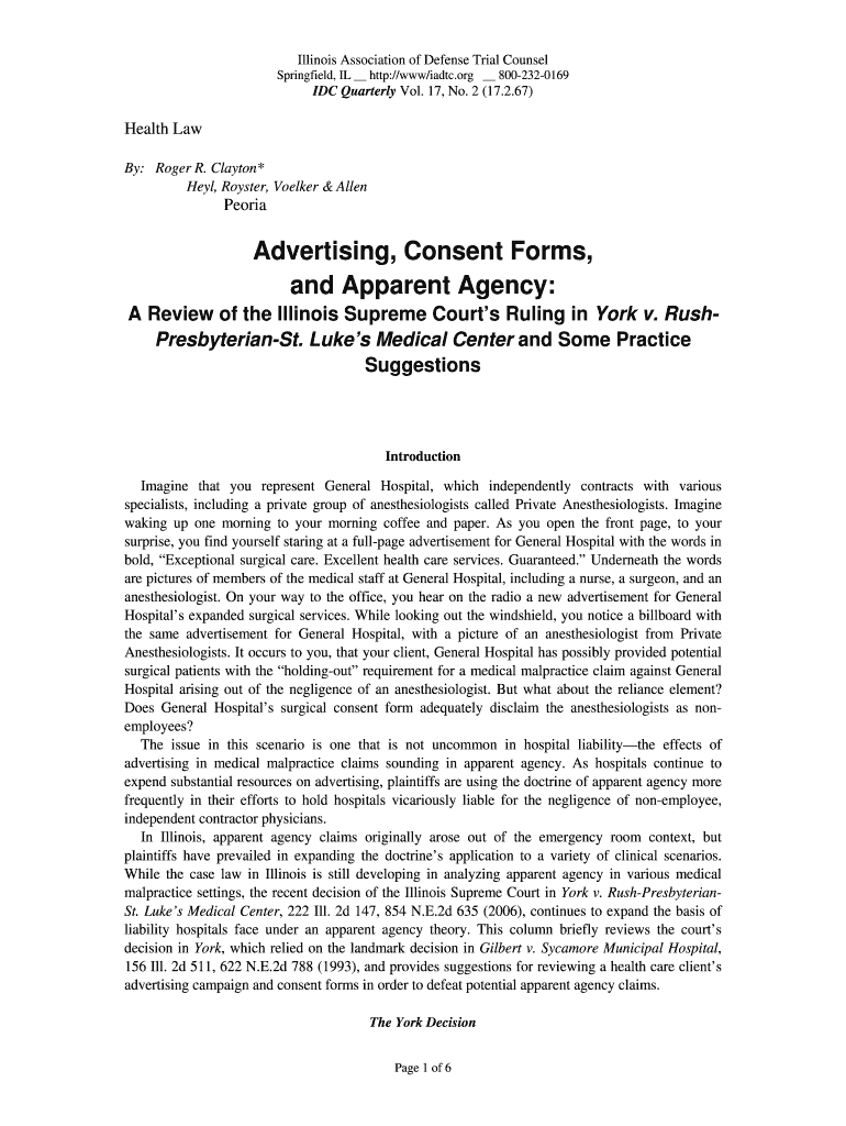 Advertising, Consent Forms, and Apparent Agency: Preview on Page 1