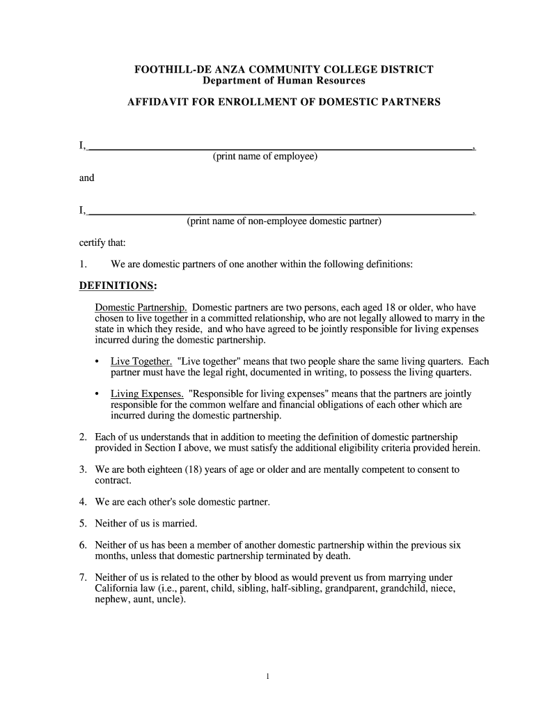 Affidavit for Enrollment of Domestic Partnership - Foothill-De Anza - fhdafiles fhda Preview on Page 1