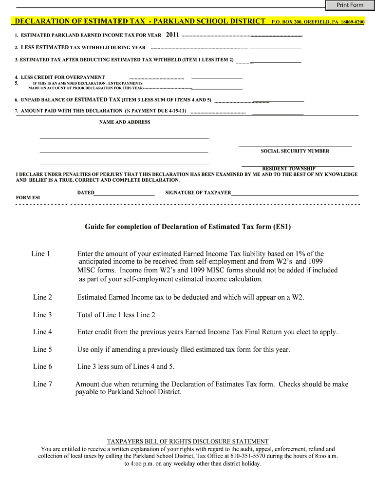 DECLARATION OF ESTIMATED TAX PARKLAND SCHOOL DISTRICT P Preview on Page 1