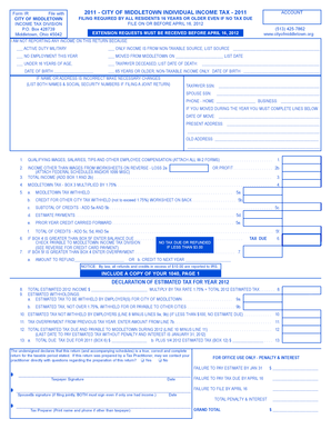 City of Middletown Individual Income Tax Form 2011