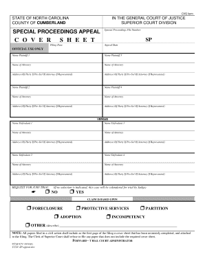North Carolina Special Proceedings Appeal Cover Sheet