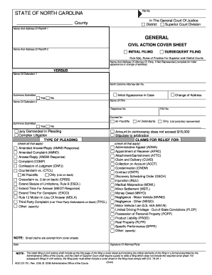North Carolina Civil Action Cover Sheet