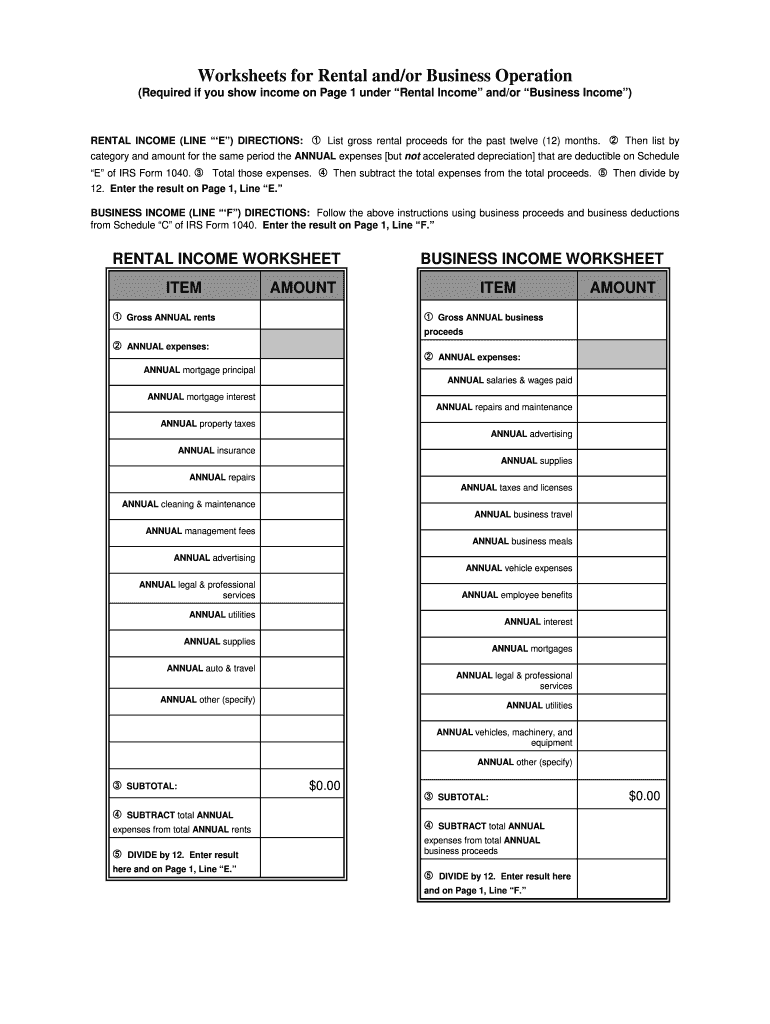 Worksheets for Rental and or Business Operation Preview on Page 1