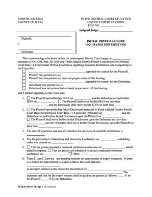 North Carolina Equitable Distribution Pretrial Order