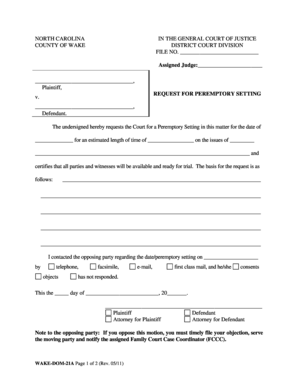 North Carolina Request for Peremptory Setting