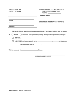 North Carolina Order for Peremptory Setting