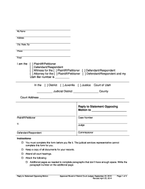 Reply to Statement Opposing Motion Form