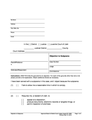 Utah Objection to Subpoena Form