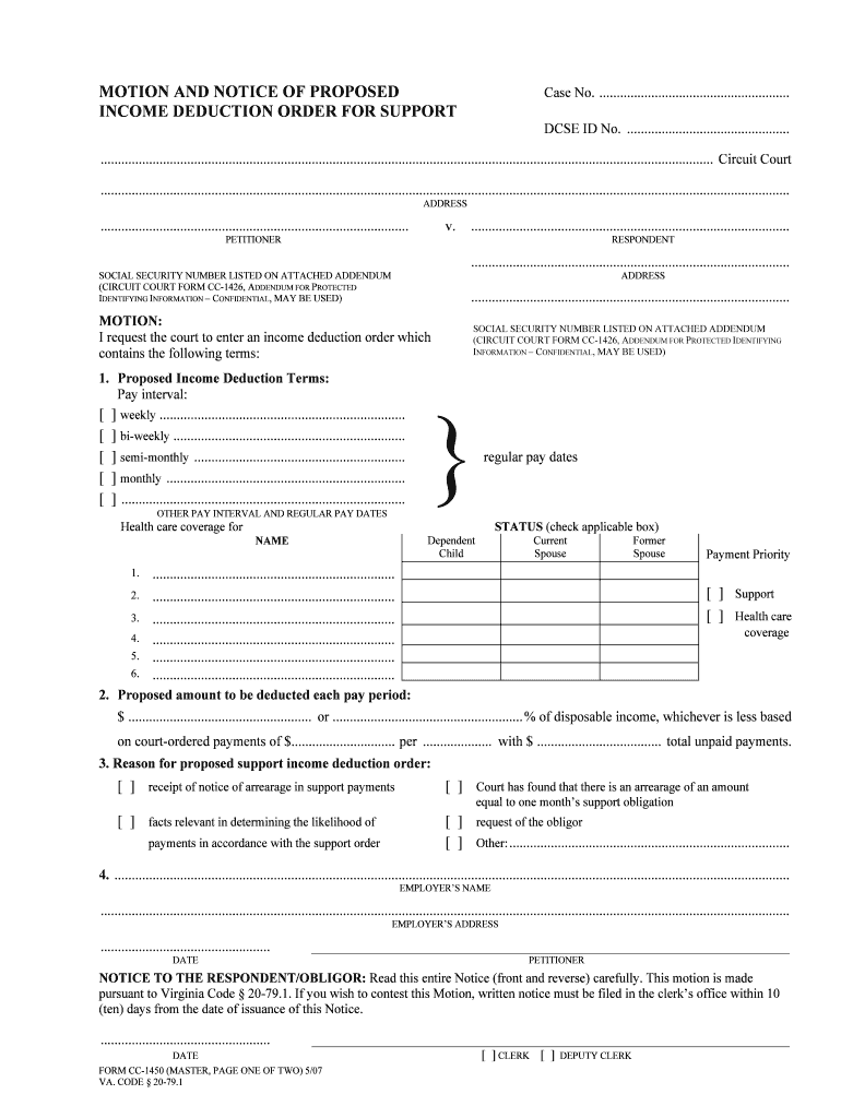 Motion and notice of proposed income deduction order for support Preview on Page 1