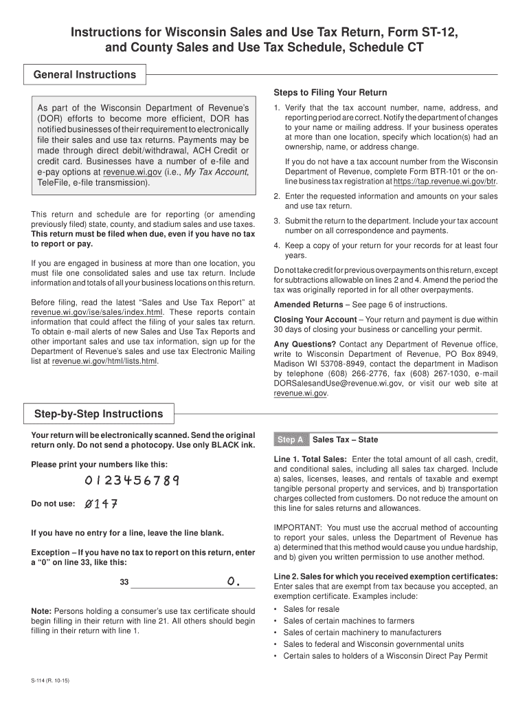 October 2015 S-114 Instructions for Wisconsin Sales and Use Tax Return, Form ST-12, and County Sales Preview on Page 1