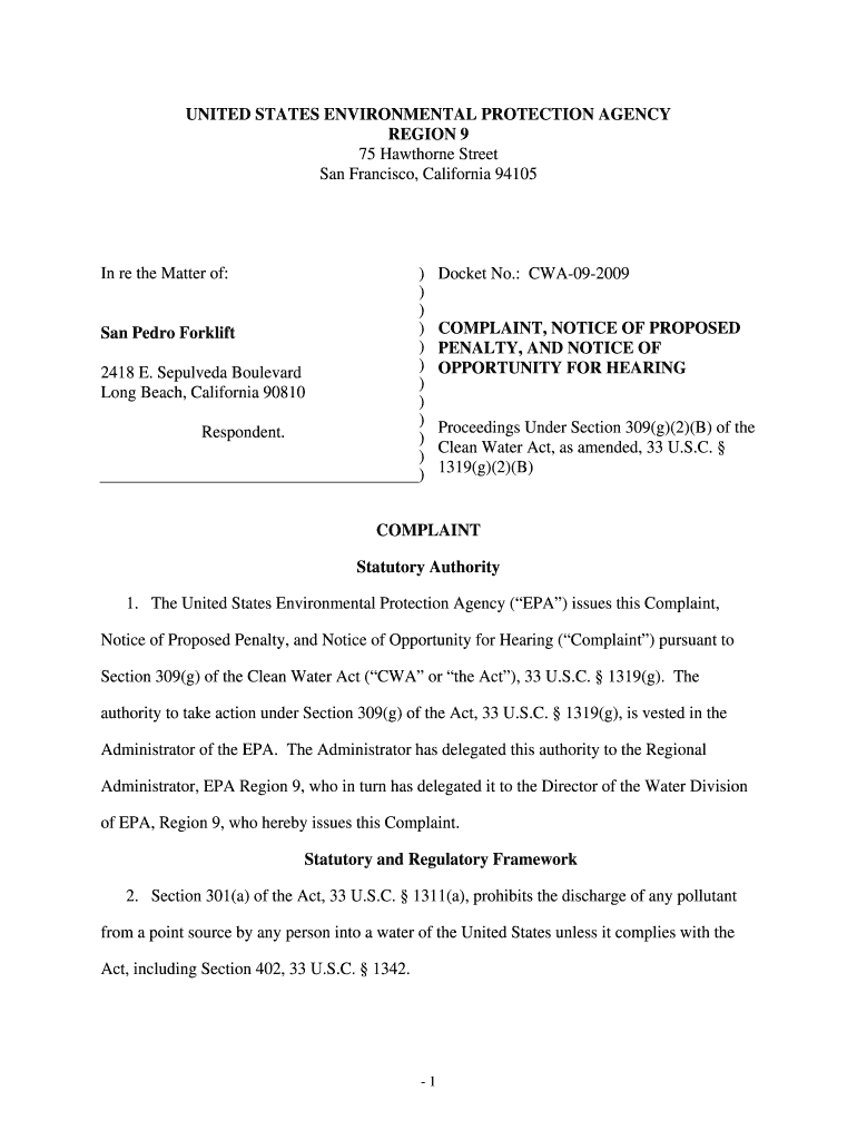 Complaint Notice of Proposed Penalty and Notice of Opportunity for Hearing EPA issues this Complaint Preview on Page 1