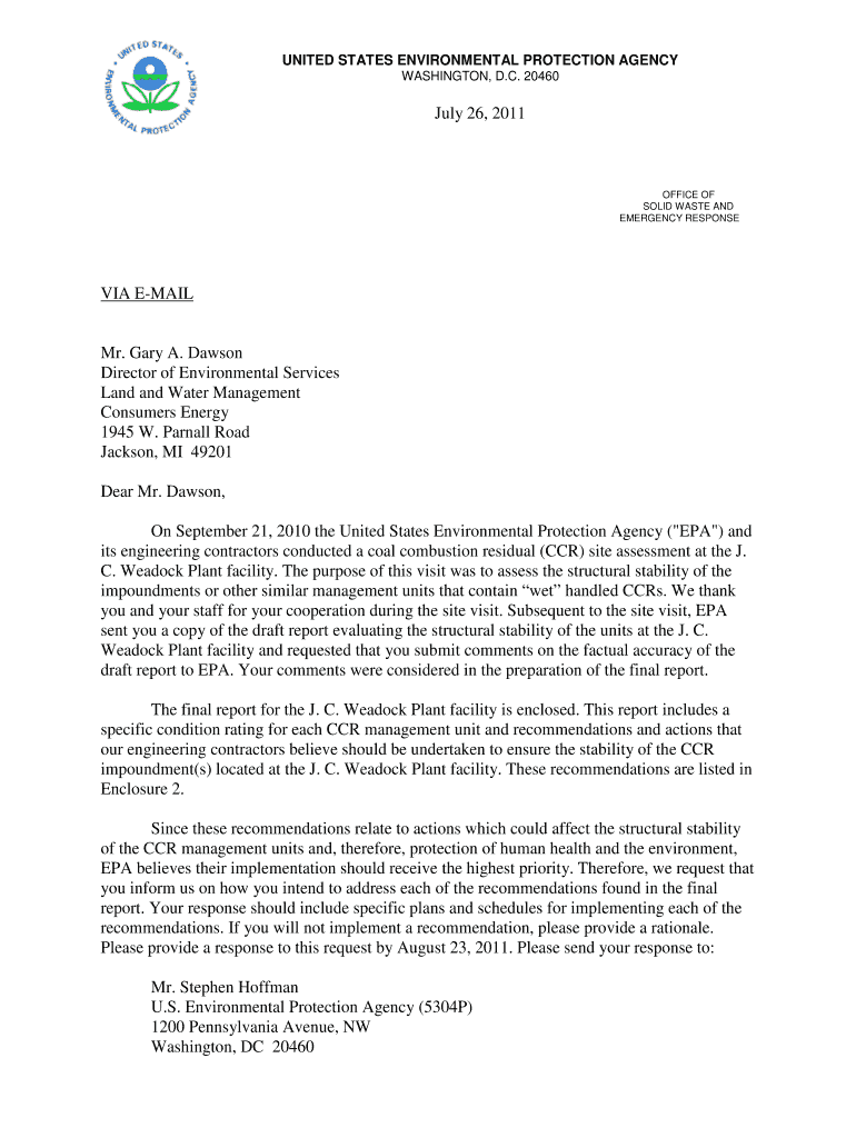 Consumers Weadock EPA form Letter Requesting Response to Recommendations Letter on Final Report Wead Preview on Page 1