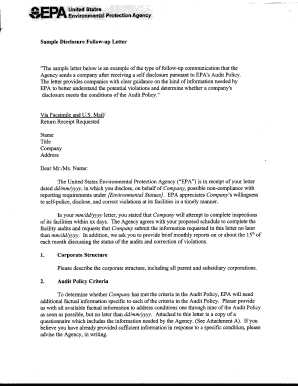 Sample disclosure follow-up letter. Provides an example of the type of follow-up communication that the Agency sends a company after receiving a self disclosure pursuant to EPA's Audit Policy. - epa