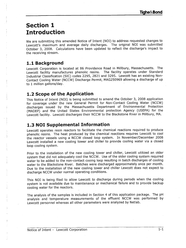 Lewcott Corporation, Millbury, MA: January 2009 Notice of Intent for the Noncontact Cooling Water Ge Preview on Page 1