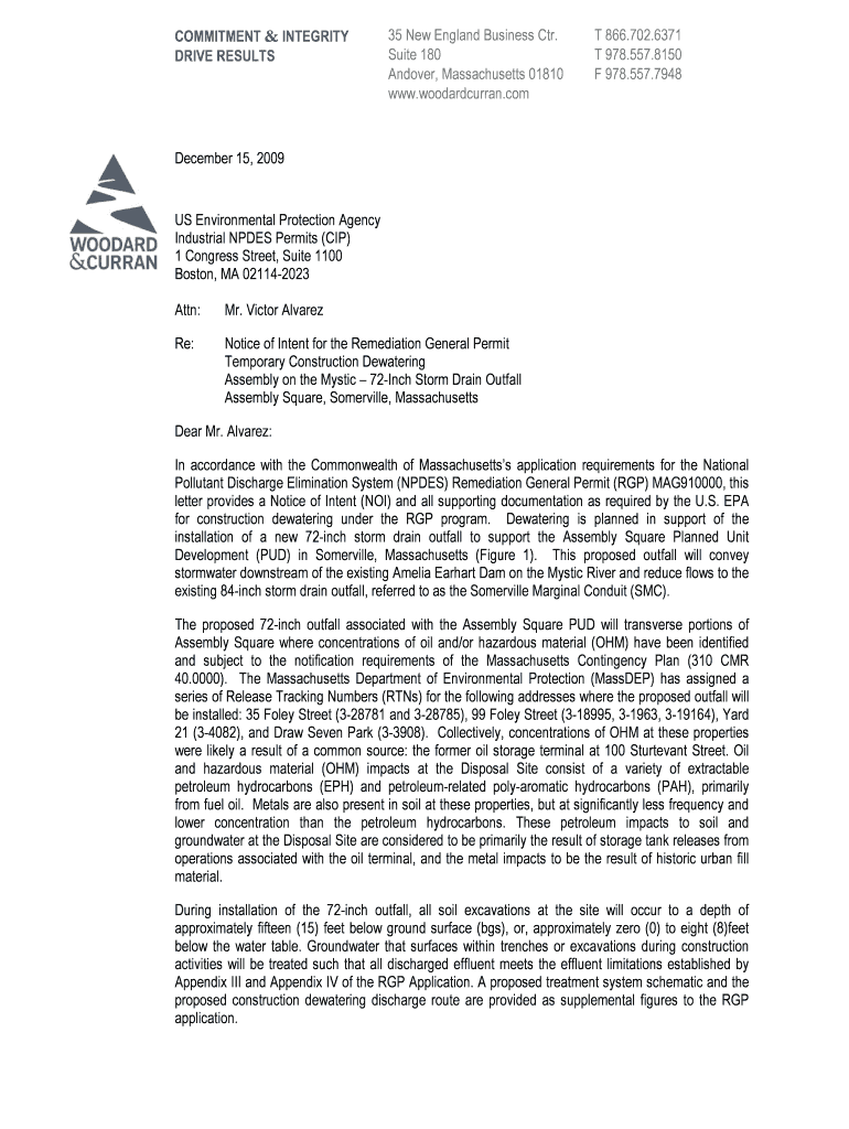 Remediation General Permit Notice of Intent Assembly on the Mystic 72-Inch Storm Drain Outfall Assem Preview on Page 1