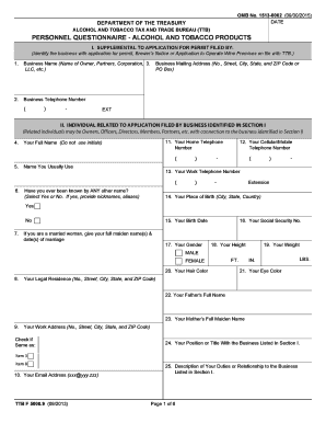 TTB Personnel Questionnaire - Alcohol and Tobacco Products