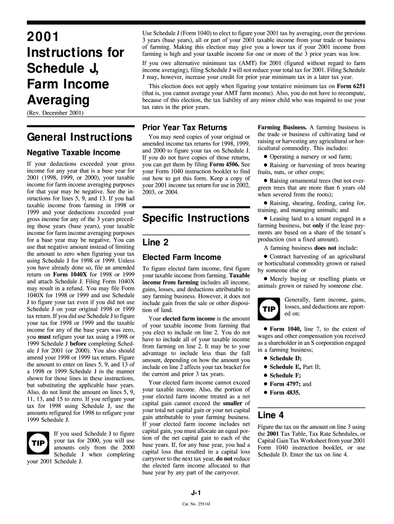 2001 Instructions for Form 1040 (Schedule J) Farm Income Averaging Preview on Page 1