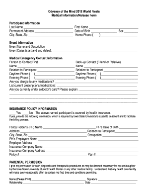 odyssey of the mind medical release form