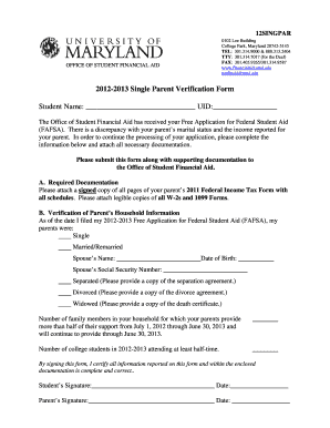 Single Parent Verification Form - Office of Student Financial Aid - financialaid umd