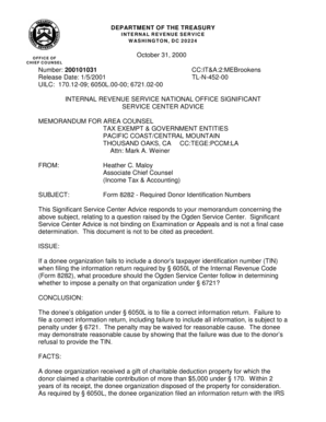 200101031. Issue: If a donee organization fails to include a donor's taxpayer identification number (TIN) when filing the information return required by 6050L of the Internal Revenue Code (Form 8282), what procedure should the Ogden