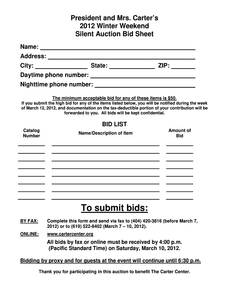 Silent Auction Bid Sheet Fill Online Printable Fillable Blank