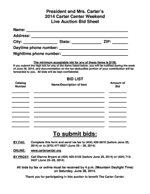 Carter Center Auction Bid Sheet