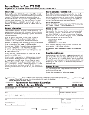 Form FTB 3538 Payment for Automatic Extension