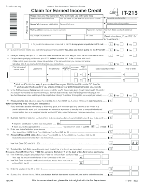 New York State Earned Income Credit Claim Form IT-215