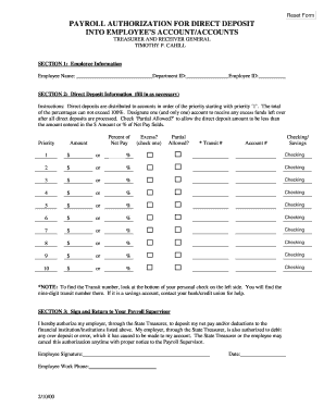 Payroll Authorization for Direct Deposit