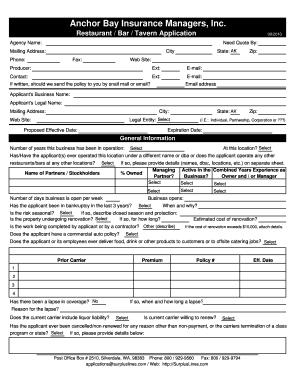 Restaurant Bar Tavern Insurance Application