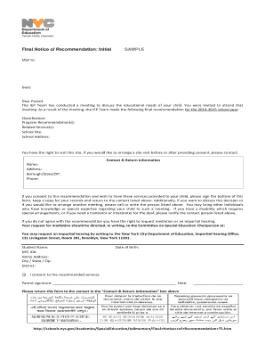 Final Notice of Recommendation for Special Education Services