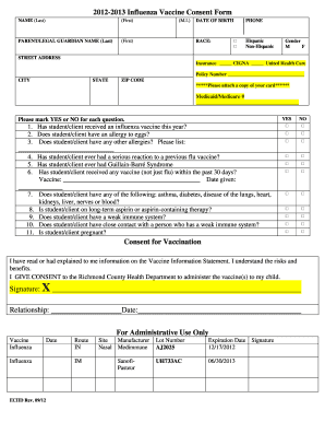 2012-2013 Influenza Vaccine Consent Form