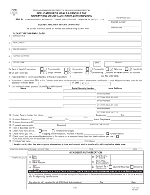 New Hampshire Meals and Rentals Tax Operator License Application