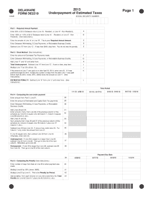 Delaware Form DE2210 Underpayment of Estimated Taxes