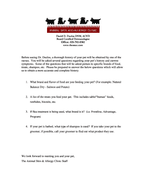 Pet Dermatology History Form