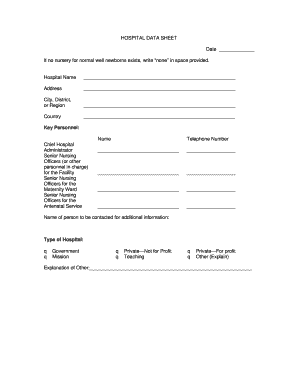 Hospital Data Sheet for Breastfeeding Support