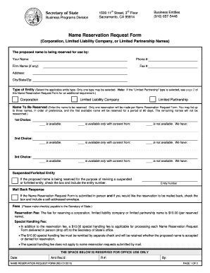 California Name Reservation Request Form