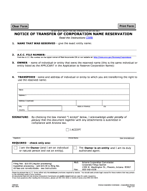 Arizona Corporation Name Transfer Notice