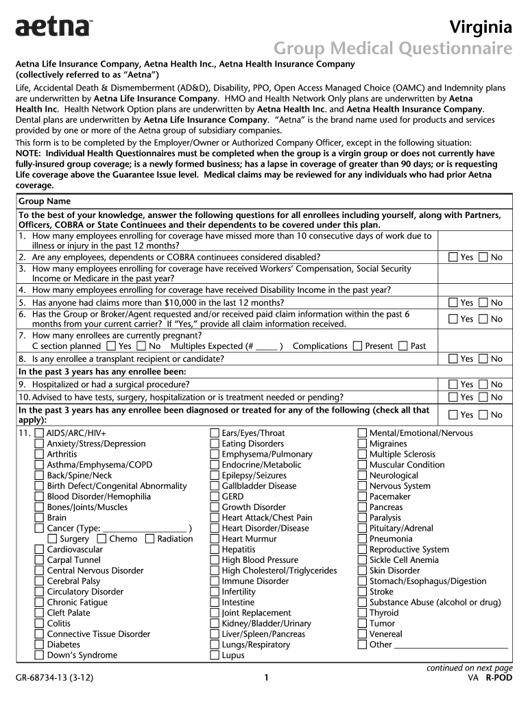 Fillable Online Virginia Group Medical Questionnaire Aetna Virginia Group Medical