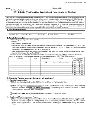 2013-2014 Verification Worksheet Independent Student