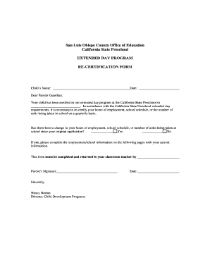 California State Preschool Extended Day Program Re-Certification Form