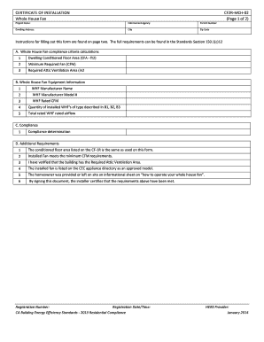 Certificate of Installation for Whole House Fan