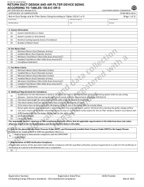 California Return Duct Design and Air Filter Device Sizing Form
