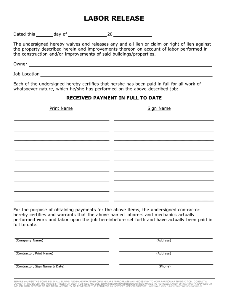 labor release form Preview on Page 1