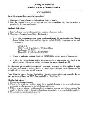 Alameda County Health History Questionnaire