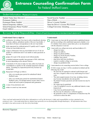 Entrance Counseling Confirmation Form for Federal Stafford Loans