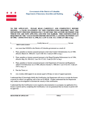 District of Columbia License Certification