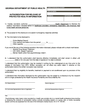 Georgia Authorization for Release of Protected Health Information