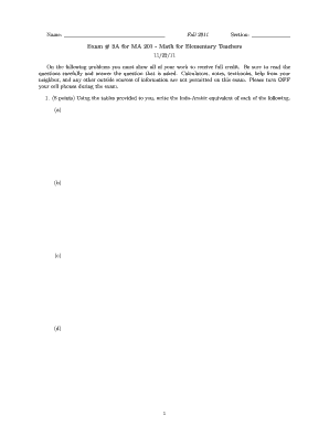 Name: Fall 2011 Section: Exam # 3A for MA 201 - Math for Elementary Teachers 11/22/11 On the following problems you must show all of your work to receive full credit - ms uky