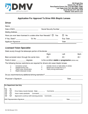 Application For Approval To Drive With Bioptic Lenses